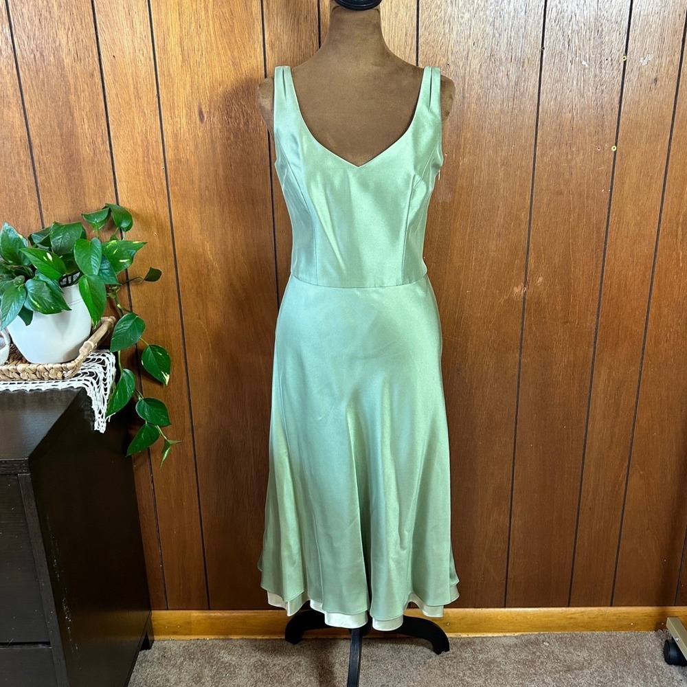 Vintage Ann Taylor Silk Satin Slip Midi Dress Sage Green‎ V Neck Formal